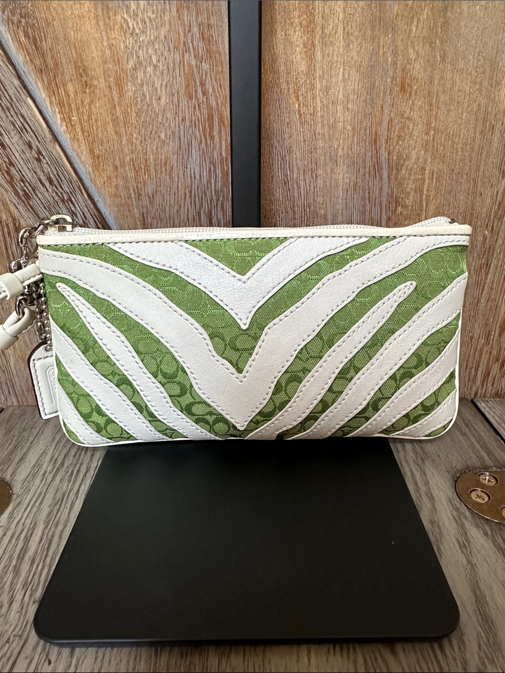 Coach Green and White Signature Zebra-Accent Wristlet & Matching Tag